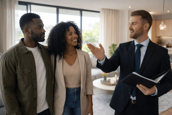 Taurin homes foreground image. -Displays an image of a couple being shown a property by an estate agent-